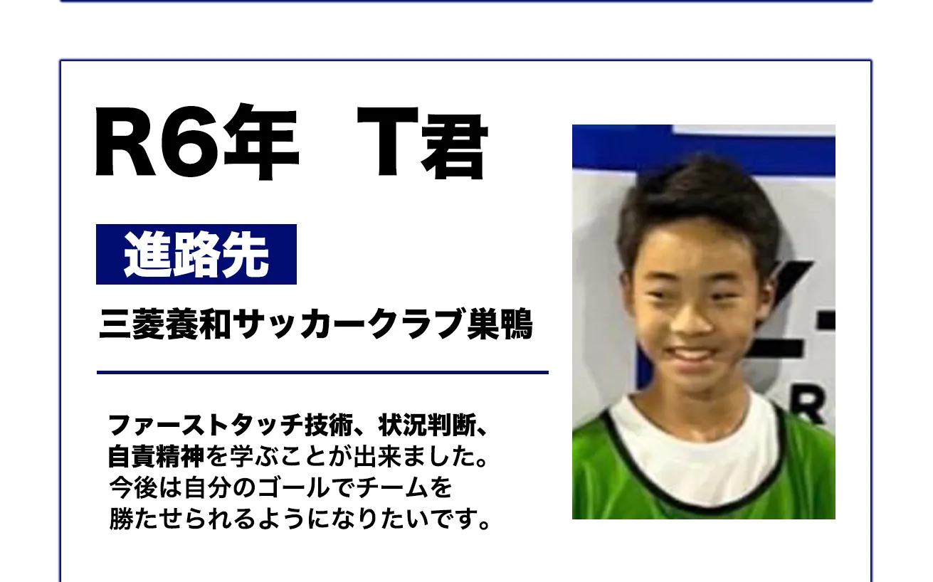 R6年 T君
進路先: 三菱養和サッカークラブ巣鴨
ファーストタッチ技術、状況判断、自発精神を学ぶことが出来ました。今後は自分のゴールでチームを勝たせられるようになりたいです。